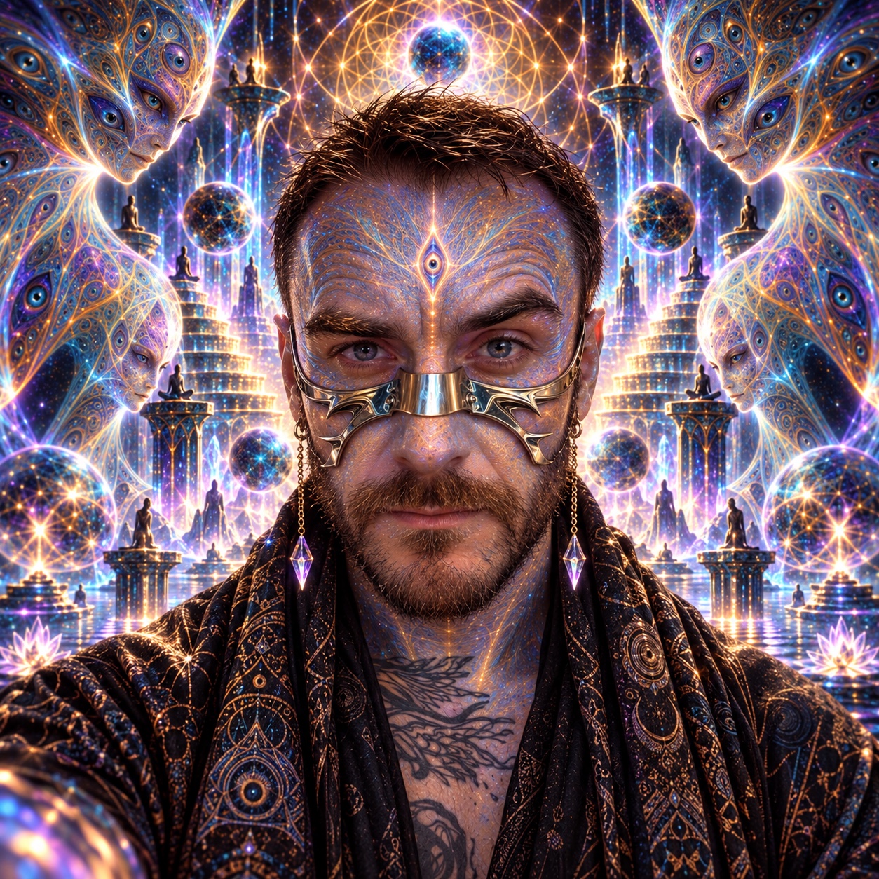 A visionary portrait of Timo wearing a dark ceremonial garment, surrounded by indigo geometry and golden light.